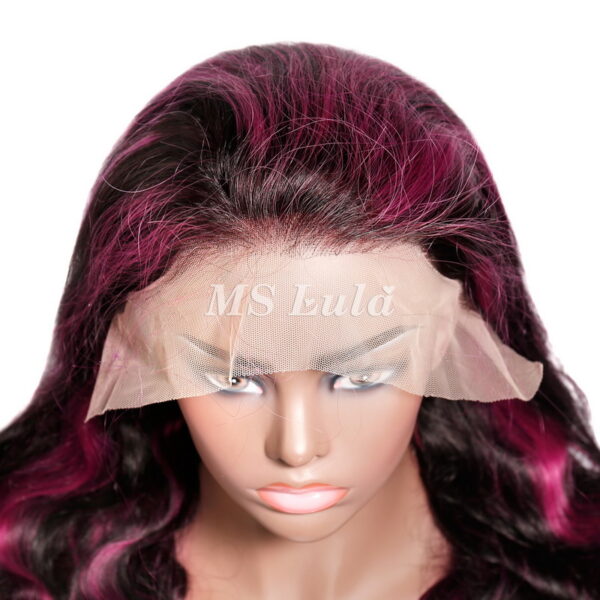 Purple Highlights Body Wave 13x4 Transparent Lace Front Wig 180% Density - Image 9